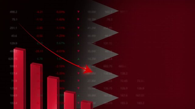 Economic crisis in Bahrain.Red falling graph animation with Bahrain flag.Stock market crash