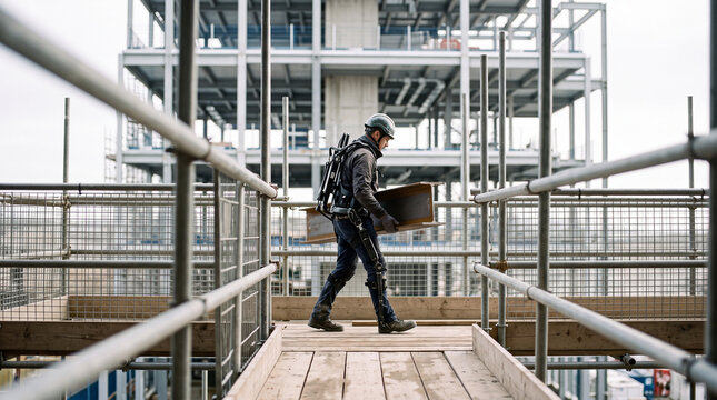 Construction worker wearing robotic exoskeleton carrying steel beam on scaffolding at urban building site
