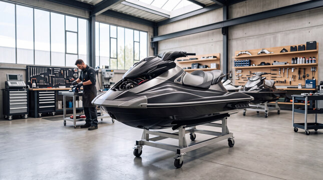 Modern jet ski personal watercraft in professional workshop with mechanic servicing watercraft