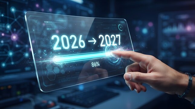 A digital interface shows a progress bar transitioning from 2026 to 2027 at 86 percent completion as a human hand interacts with the holographic screen