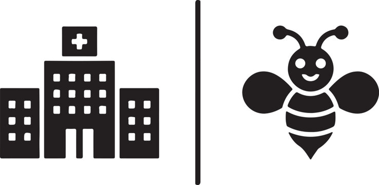 Flat black vector icons featuring a hospital building and a cute cartoon bee isolated on white background