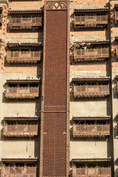 Rows of weathered wooden balconies on a historic building, Mecca province, Jeddah, Saudi Arabia