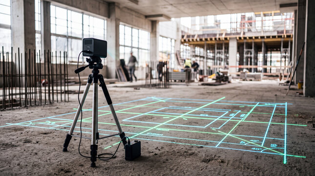 Construction site laser scanner projecting 3d floorplan layout on concrete interior floor