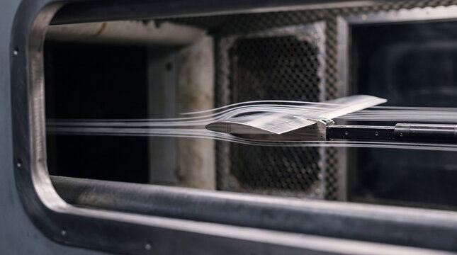 Wind tunnel aerodynamic test of aircraft wing model showing airflow streamlines and smoke flow visualization in laboratory