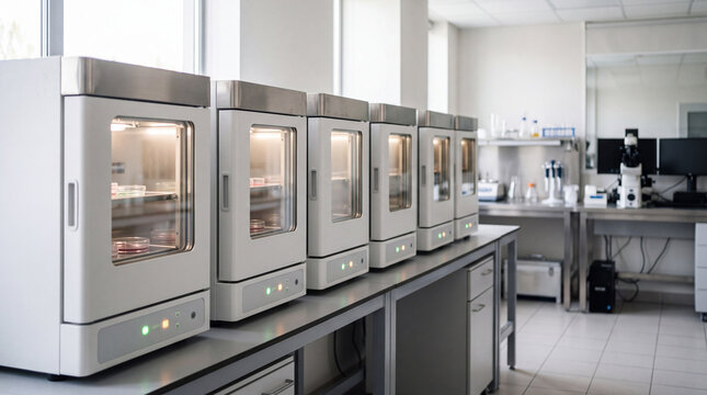 Modern laboratory incubators with petri dishes on stainless workbench in microbiology lab