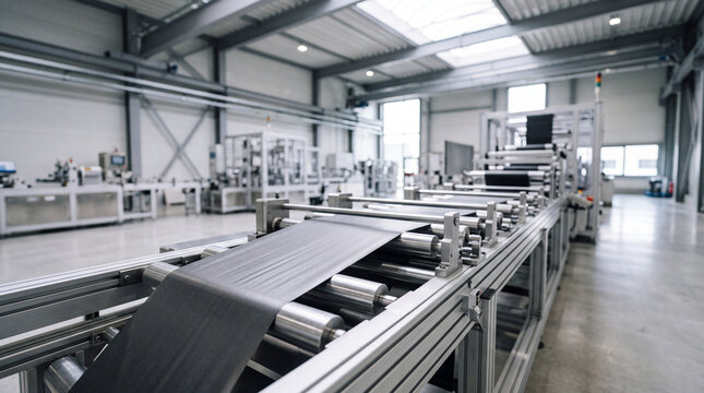 Modern industrial conveyor belt production line in a clean automated manufacturing facility