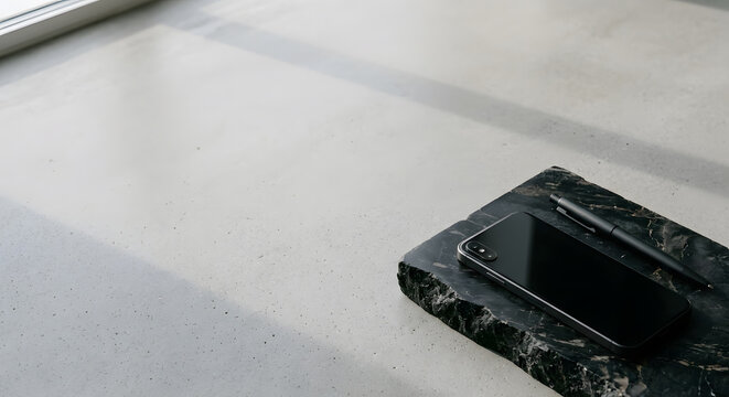 High Angle Minimalist Workspace Scene with Modern Black Smartphone and Pen on Raw Marble Slab - Luxury Tech Lifestyle Layout