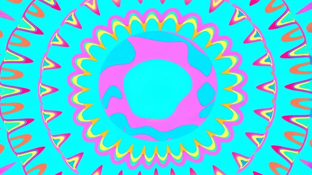 Kaleidoscopic geometric rings morph in a vivid psychedelic abstract digital background. Concert projection, event screen design, and title sequence.