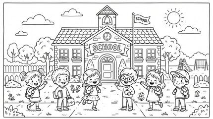 Obraz premium Coloring Page School Entrance with Children.