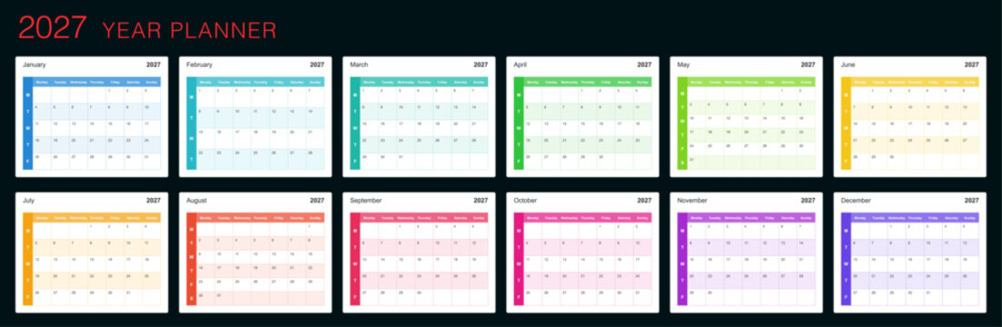 2027 year planner template featuring twelve monthly calendar layouts with colorful borders and clean organized grids, ideal for scheduling, planning, office use, and editable vector designs.

