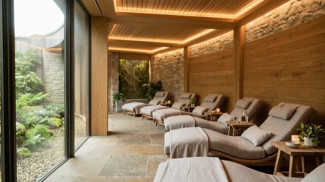 Visitors relax in lounge chairs in a wellness center. The space features natural elements and plants. Soft lighting enhances the cozy atmosphere