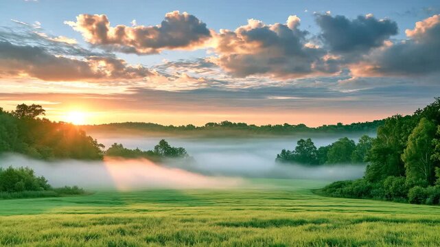 Morning Fog Settling Over Quiet Green Meadow