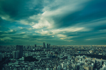 Obraz premium Dystopian Tokyo Cityscape, Stormy Skyline