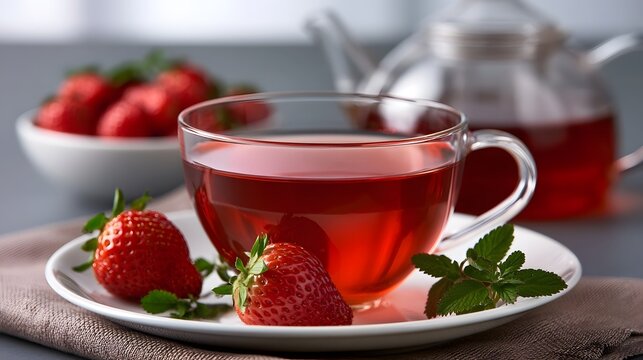 A clear glass cup holds vibrant red tea  garnished with fresh strawberries and mint leaves on a white plate