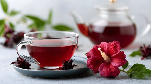 A clear glass cup filled with vibrant red hibiscus tea  beside a fresh hibiscus flower and a glass teapot in the background