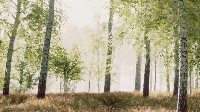 In a peaceful forest, gentle sunlight streams through tall, leafy trees, casting soft shadows on the ground. The scene feels alive with the rustling of leaves and the scent of fresh earth.