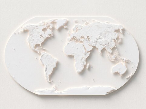 White 3D world map relief sculpture on a minimalist oval background for global business equal earth map un