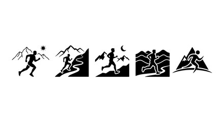 Fototapeta premium Trail Running Icons, Mountain Race Graphics, Outdoor Fitness Silhouette Set, Adventure Sport Vector Collection