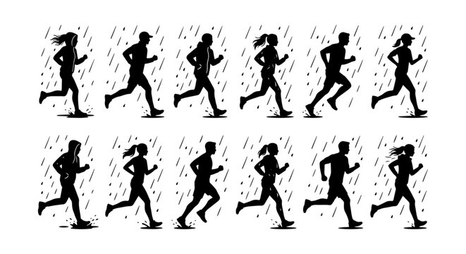 Diverse Runners Silhouette Collection, Male and Female Joggers in Rain, Athletic Figures Set