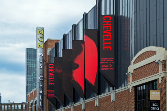 MGM Music Hall exterior at Fenway Park with digital Chevelle displays, on August 19, 2025, Boston, Massachusetts, USA