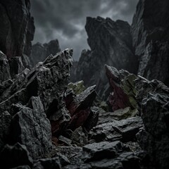 Fototapeta premium Jagged Rocky Mountain Landscape with Sharp Stone Formations Under a Dramatic Overcast Sky for Cinematic Background Use