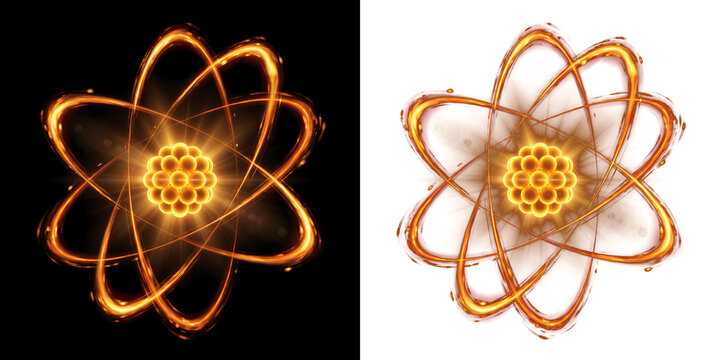 Png of glowing atom model with orbiting electrons isolated on transparent background and black background