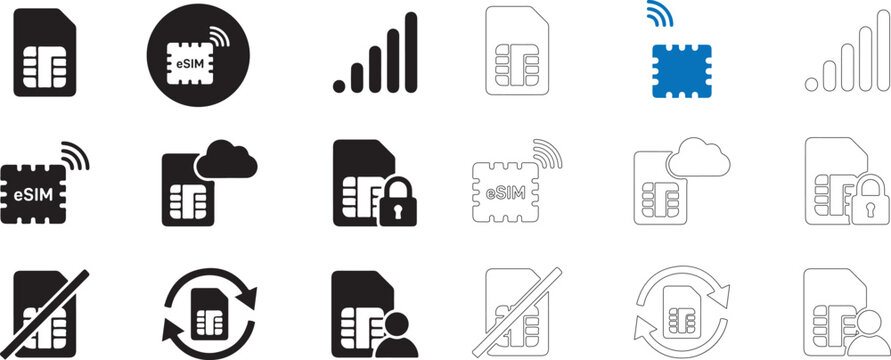 Collection of digital mobile communication technology icons representing eSIM and SIM card functionality