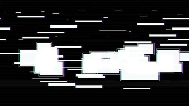 Abstract Digital Glitch Motion Background Featuring Shifting White Rectangular Boxes And Data Lines