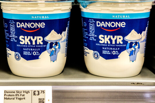 Close-Up Product Shot Of Danone Skyr High Protein Icelandic Style Yogurt Pots With Price Tag