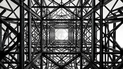 Obraz premium Looking upward through an intricate lattice of steel beams that converge into a square opening against a pale sky emphasizing industrial geometry in monochrome