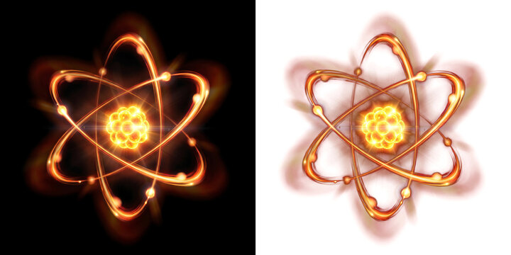 Png of glowing atom model with orbiting electrons and a bright nucleus, scientific representation of atomic structure and energy on black and transparent backgrounds