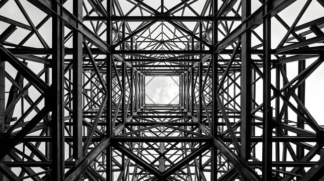 Looking upward through an intricate lattice of steel beams that converge into a square opening against a pale sky  emphasizing industrial geometry in monochrome