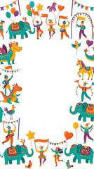 Fototapeta premium Carnival parade featuring elephants and fantasy animals, colorful decorative animals, performers, balloons and flags, playful flat vector illustration, large empty center space, white background, chil