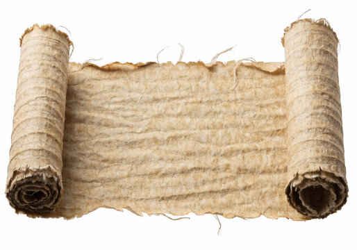 Rolled parchment scroll unrolled flat, blank surface isolated on a transparent background.