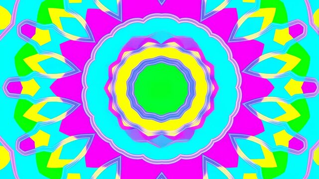 Kaleidoscope pattern morphs radially in a saturated abstract digital space. Concert projection, festival screen content, and creative title sequence.