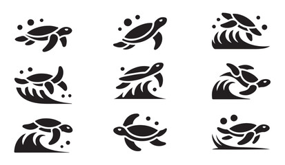 Obraz premium Sea turtle silhouettes jumping over ocean waves vector collection for tropical theme summer design elements.