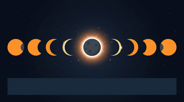 Flat design solar eclipse phases with glowing orange totality