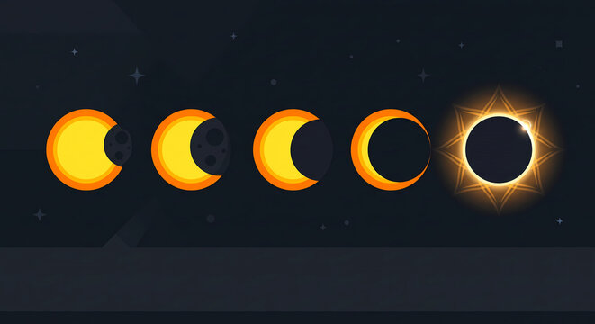 Five phases of solar eclipse with geometric corona flat design