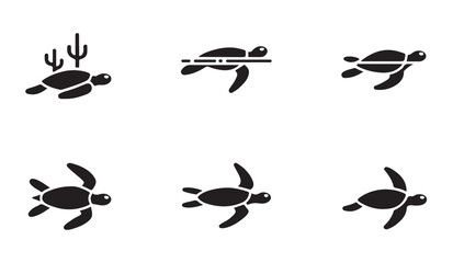 Fototapeta premium Sea turtle silhouette icons black solid vector set for ocean conservation awareness graphic design elements.