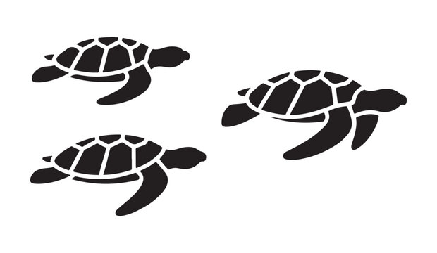 Sea turtle set with shell pattern silhouette icons black solid vector graphic for artistic marine life designs.