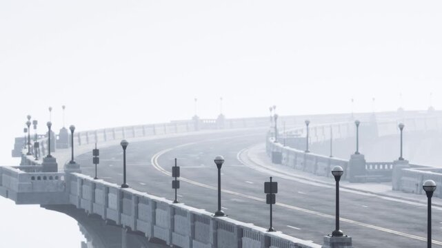 A serene view captures a winding bridge under a blanket of fog at dawn. Streetlamps stand in quiet rows, adding charm to the tranquil scene where nature meets architecture.