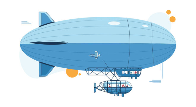 Grand classic passenger airship or blue blimp floating gracefully with passengers visible inside the dual gondolas.