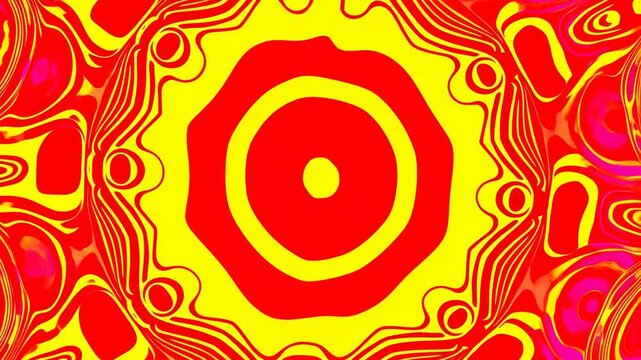 Psychedelic concentric patterns morph across a vibrant abstract field. Concert screen, festival graphics, and nightlife promotion.