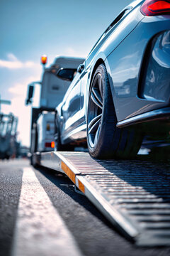 A tow truck lifts a silver car onto its flatbed. The scene shows