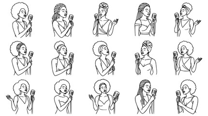 Fototapeta premium Diverse Women Singers Performing with Microphones - Isolated Line Art Collection