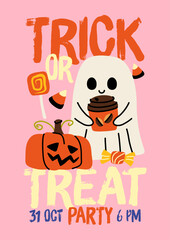 Fototapeta premium Cute ghost with coffee cup hand drawn vector poster for Halloween