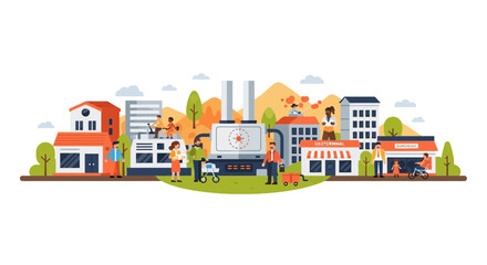 Fototapeta premium Sustainable Green City Illustration with Geothermal Power Plant and Diverse Community