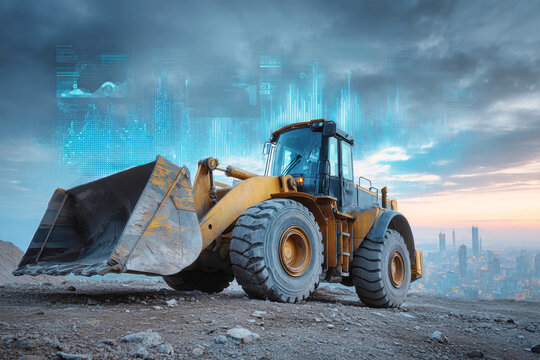 Heavy machinery operates at twilight, merging technology with co