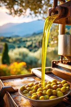 Golden olive oil cascades from an industrial press into a bowl f