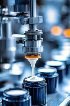 An elegant machine fills dark glass jars with cream on a stainle